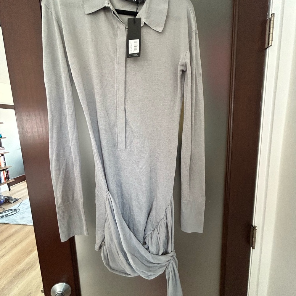 Lioness Light Gray Collared Knit Long Sleeve Dress